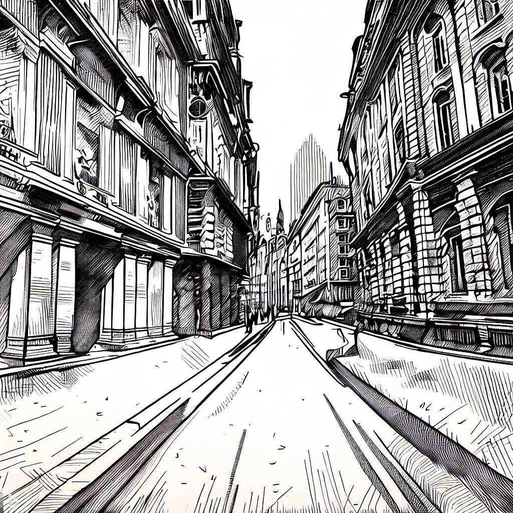 Pen and ink drawing of a road and an old town.  