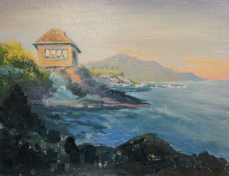 Kapalua’s Cliff House at sunset.  Oil painting by Bruce Black