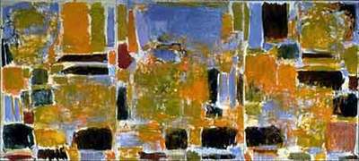 Joan Mitchell, yellow ochre, black, and blue painting 