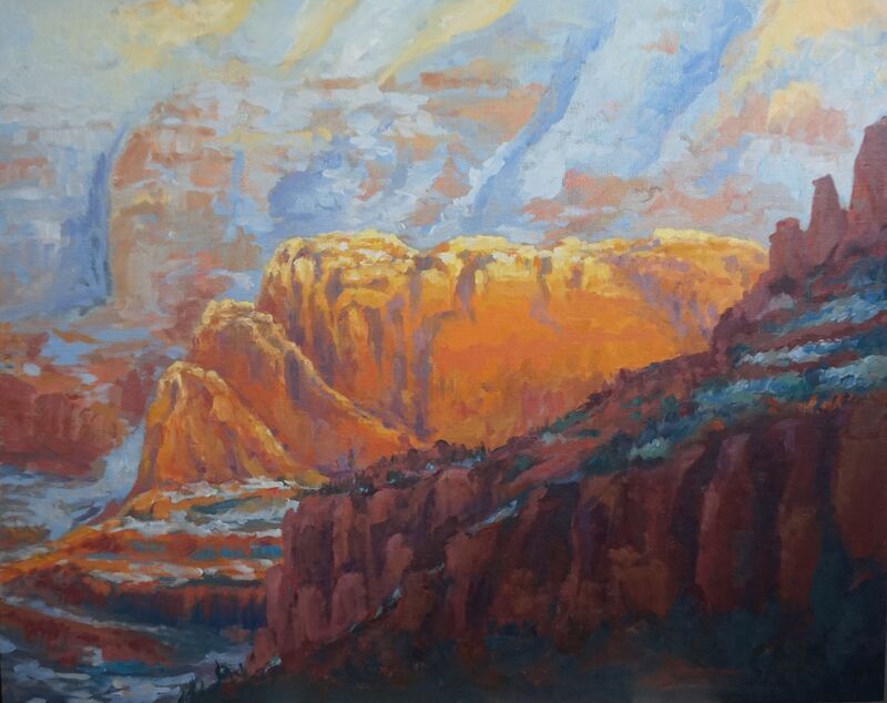 Painting of orange cliff lit by sunset.  