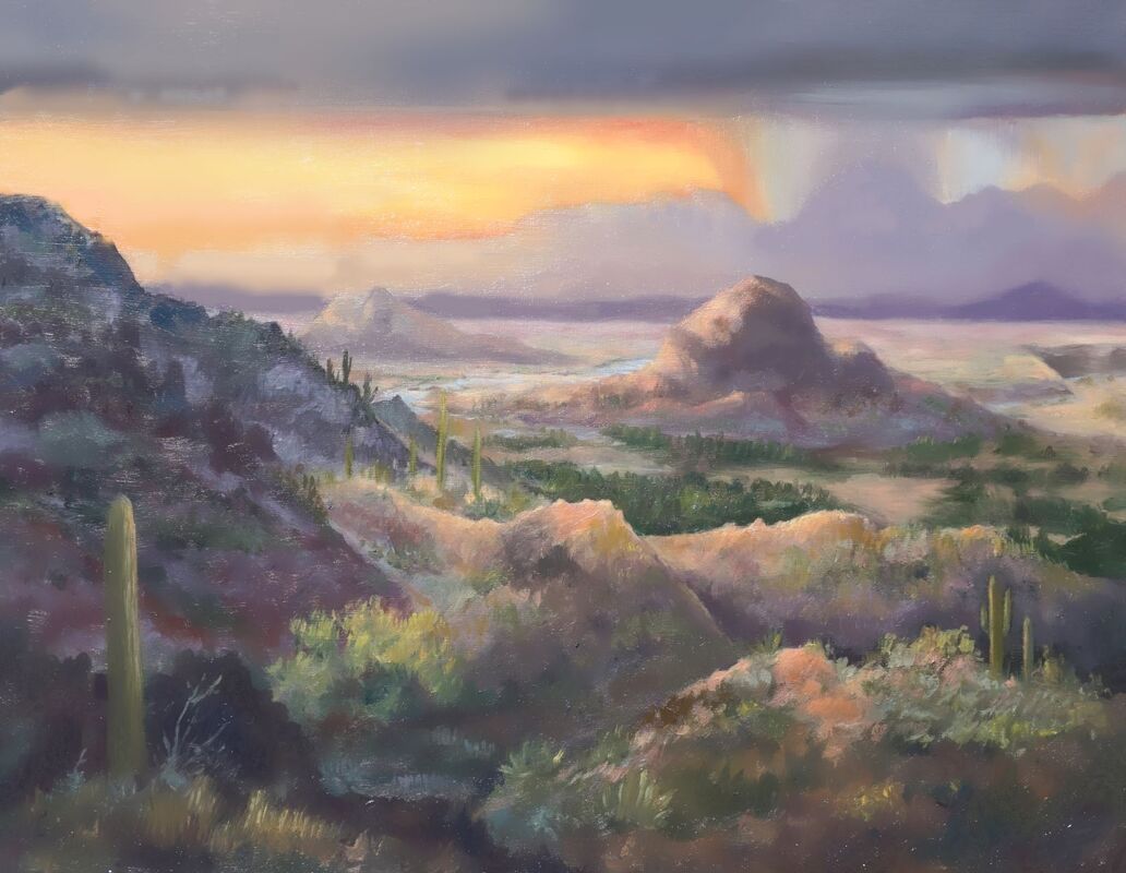 Painting of Arizona desert monsoon storm. 