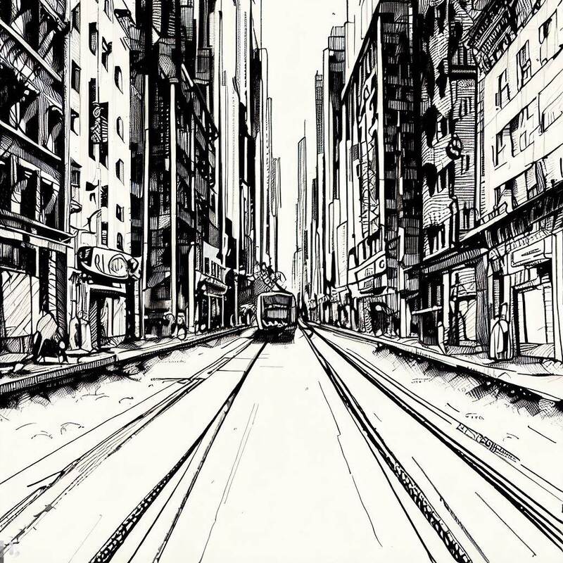 City drawing in pen and ink with high contrast and linear perspective.  