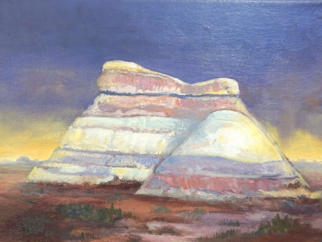 An oil painting of an Arizona mountain at sunset.