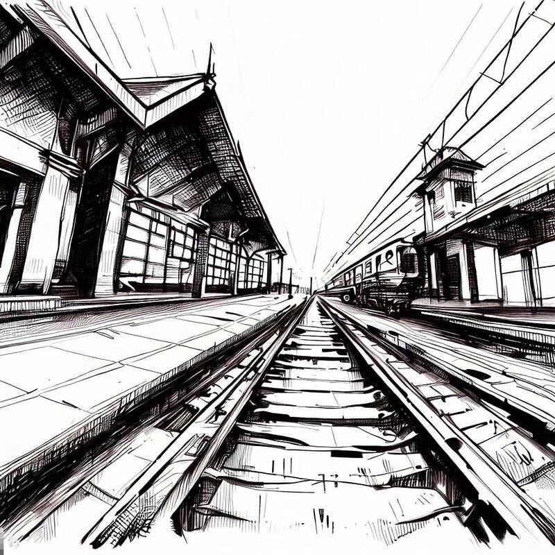 Drawing of a train station in pen and ink.  