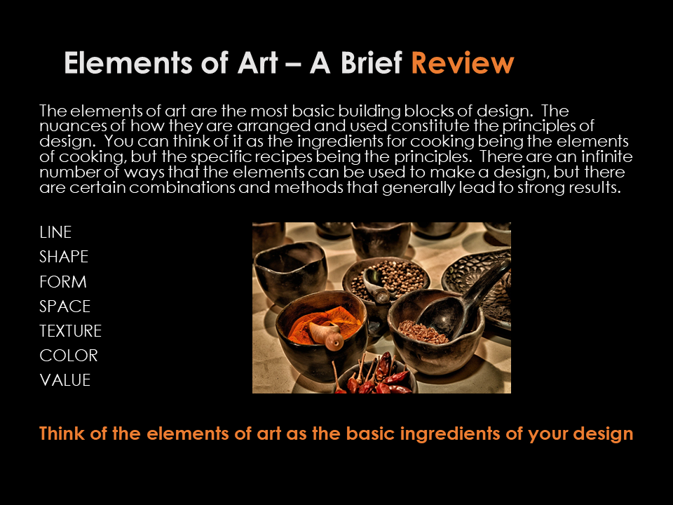 Slide of the elements of art with a colorful photo.