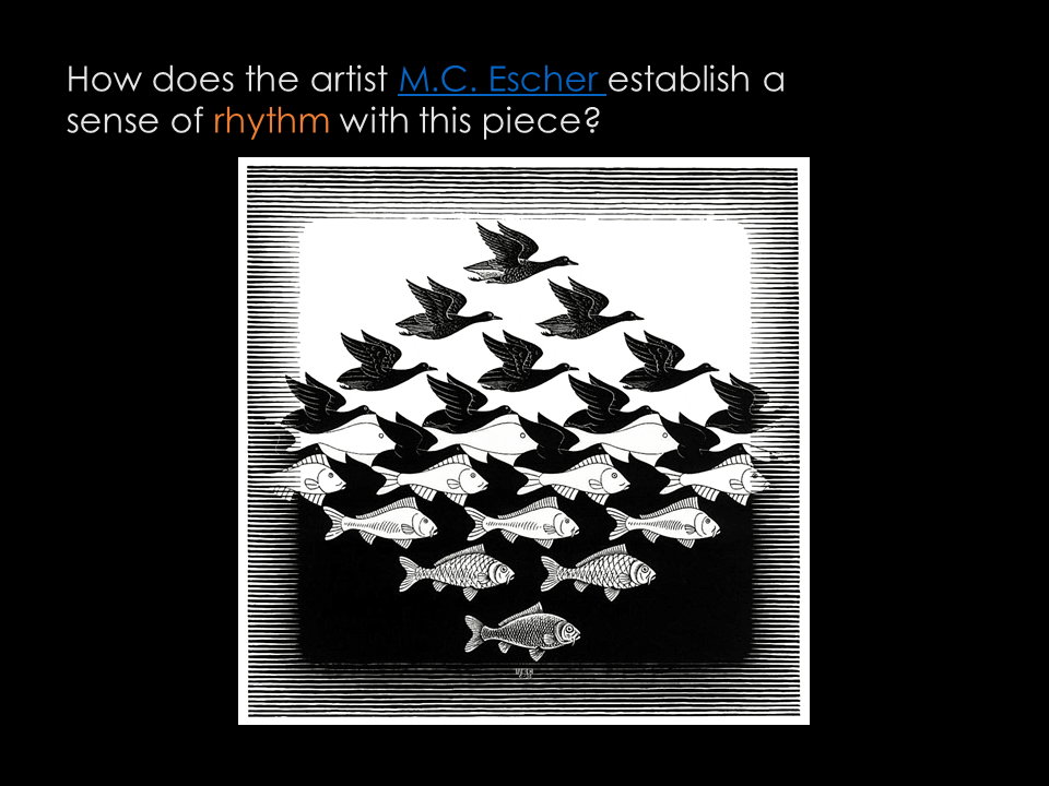 A print by M.C. Escher depicting a strong sense of rhythm.  