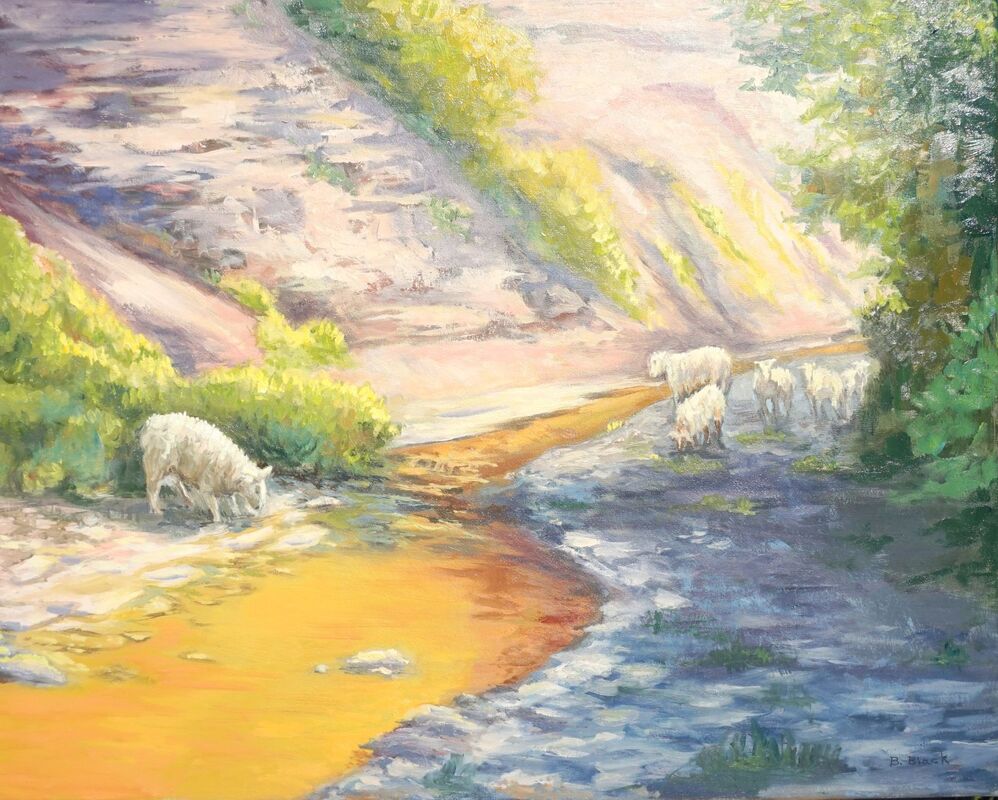 A landscape painting with sheep and a lazy river in a steep canyon.  