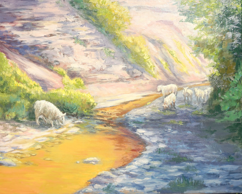 Oil painting of sheep in a river valley by Bruce Black.