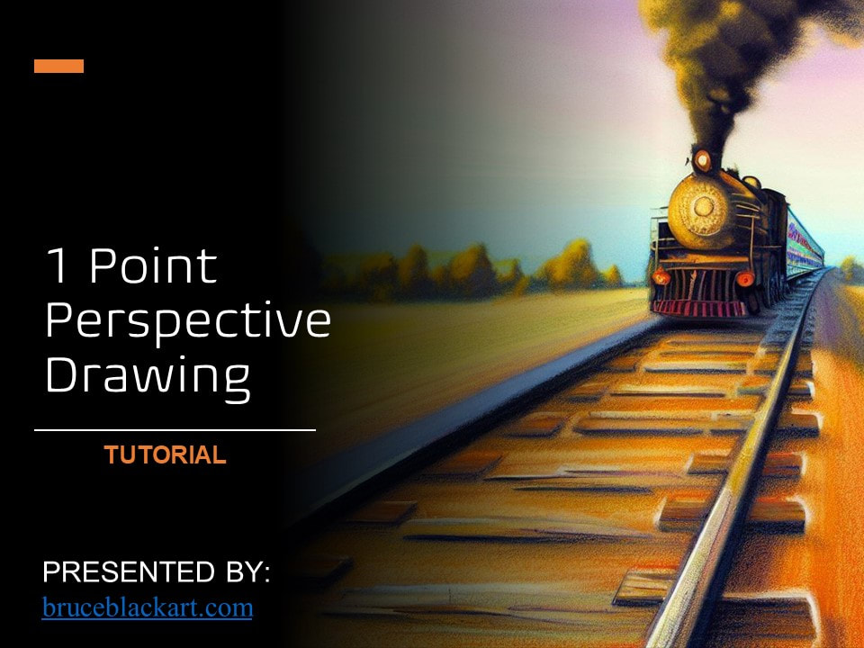 Title page: A train coming down train tracks in one-point perspective. 