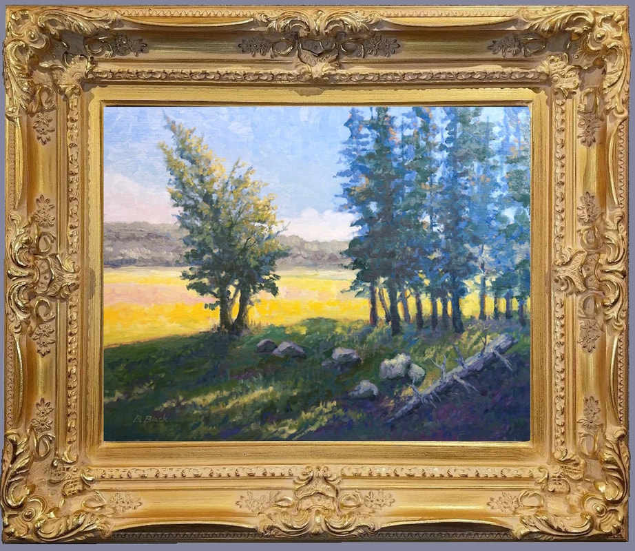 Arizona Landscape painting in gold frame with yellow field and trees. 