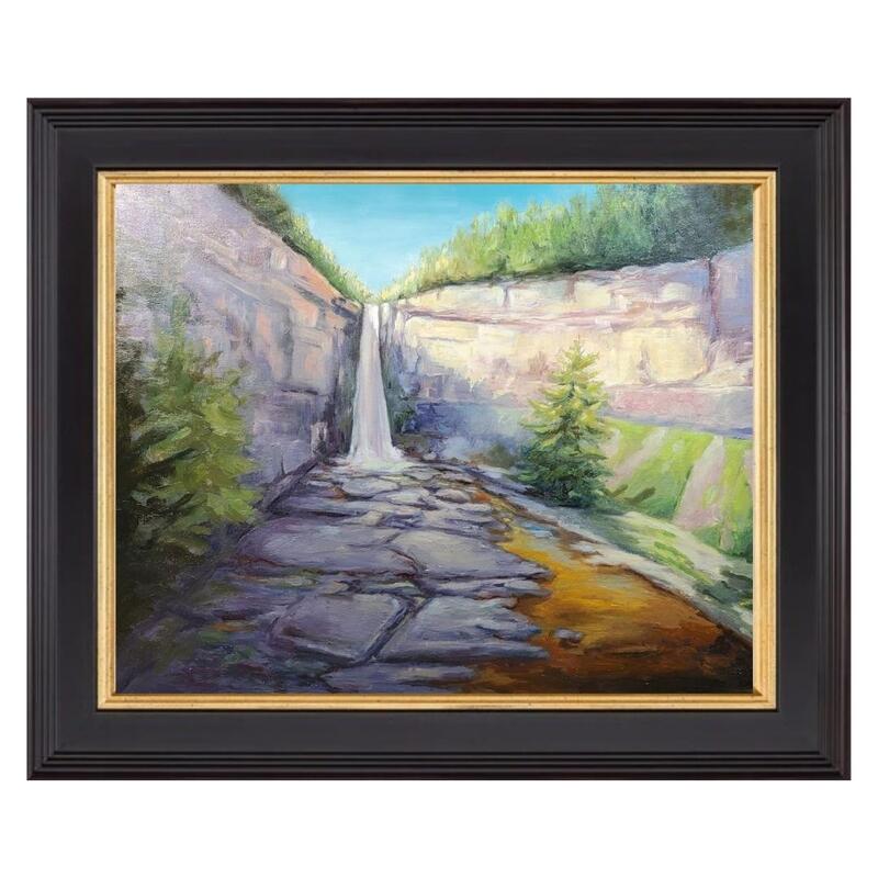 Framed oil painting of Taughannock waterfall by Bruce Black. 