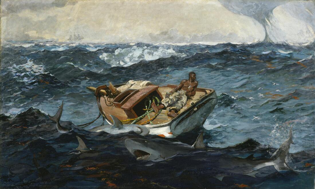 Man in boat with sharks painting