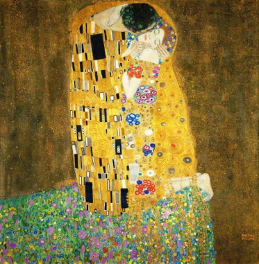 Romantic painting of couple kissing.  