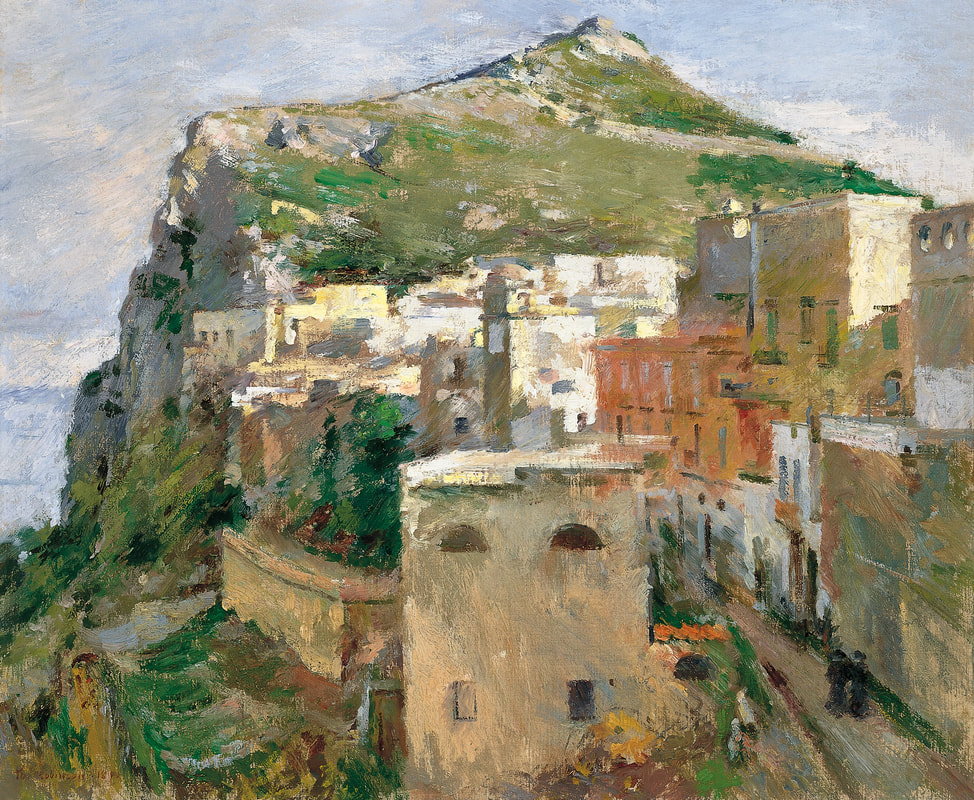 Painting of an old European city gathered along a hillside.  