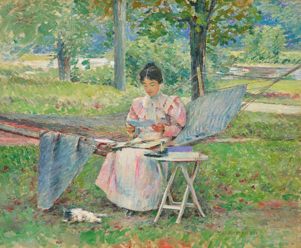 A girl is sitting in a Hamock wearing  and blue dress.  She is reading a letter.  