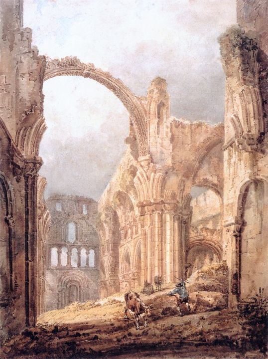 painting of an old Greek ruin. 