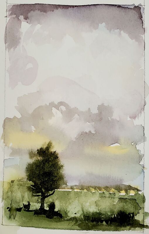 Watercolor exercise with clouds and tree.  