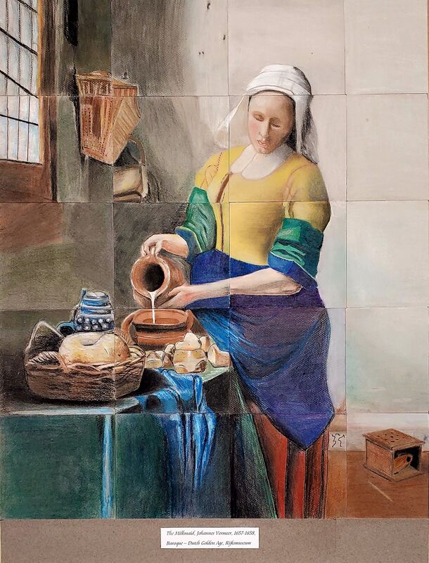 An old fashioned woman pouring milk from a pitcher. 