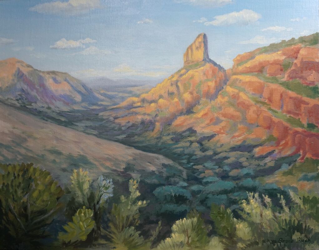 Painting of desert mountain at sunset