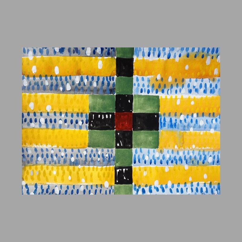 The perfect contemporary abstract artwork for your home.  This painting has yellow stripes and blue and green accents.  
